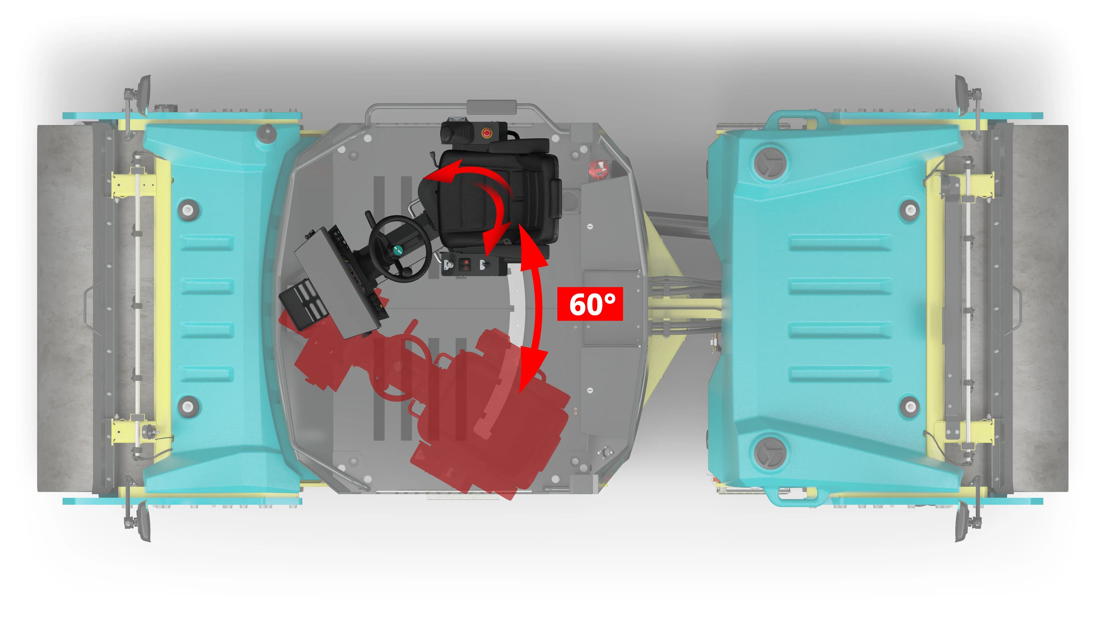 Plataforma del operador del Ammann ARX 90.2-2 vista desde arriba, con el asiento girado 60°